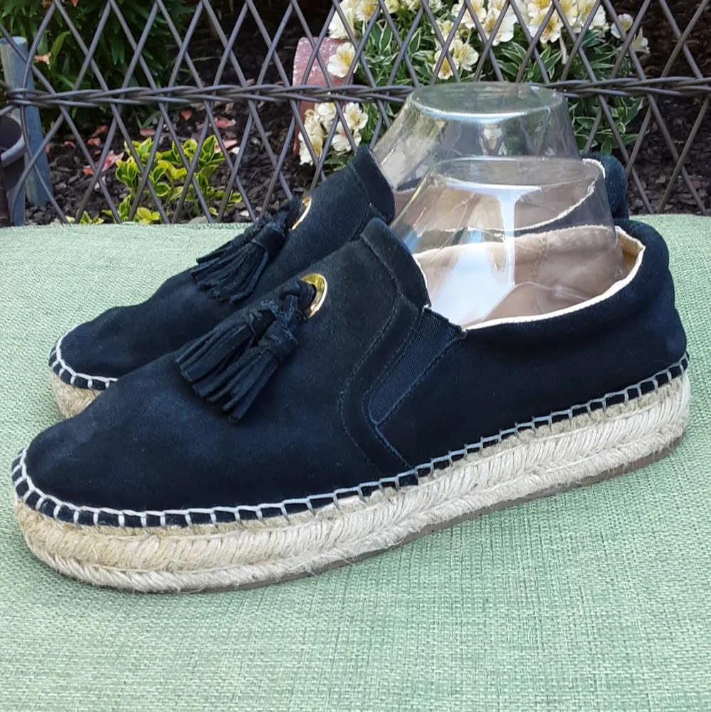 J/Slides NYC Black Suede Espadrille Slip-on Shoe with TasselDetail.